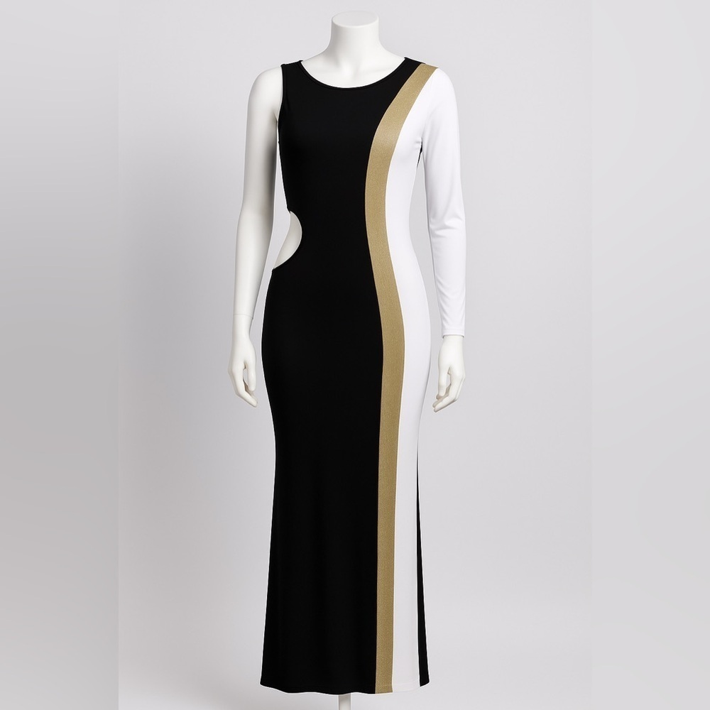 One Sleeve Black & White Gold Trim Bodycon Floor Length Gown XS–S (Measurements)